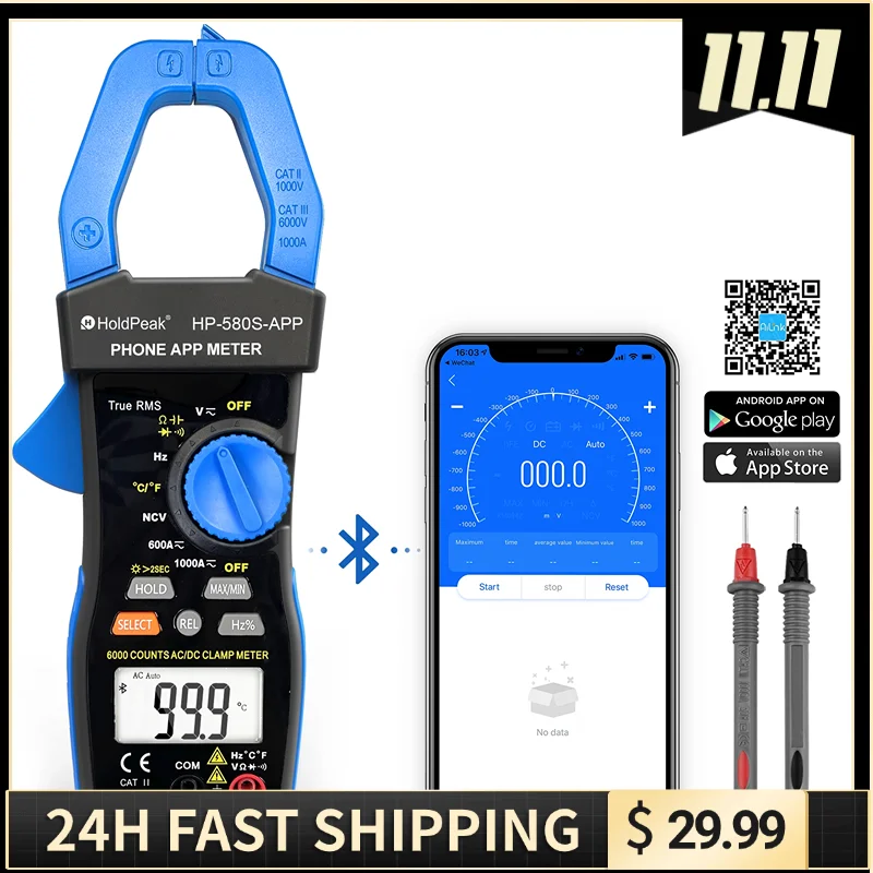 

HoldPeak HP-580S-APP True RMS Clamp Meter, 6000 Counts, APP Connect, 1000A AC/DC, Voltage, Resistance, Temperature, Continuity