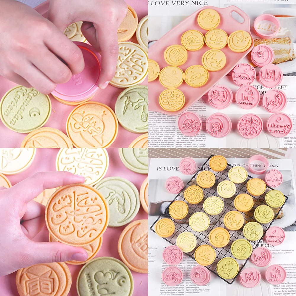 10Pcs Eid Mubarak Cookie Cutters Biscuit Stamp Mold Lantern Mosque Fondant Embosser Mould For Ramadan Islamic Muslim Baking Tool