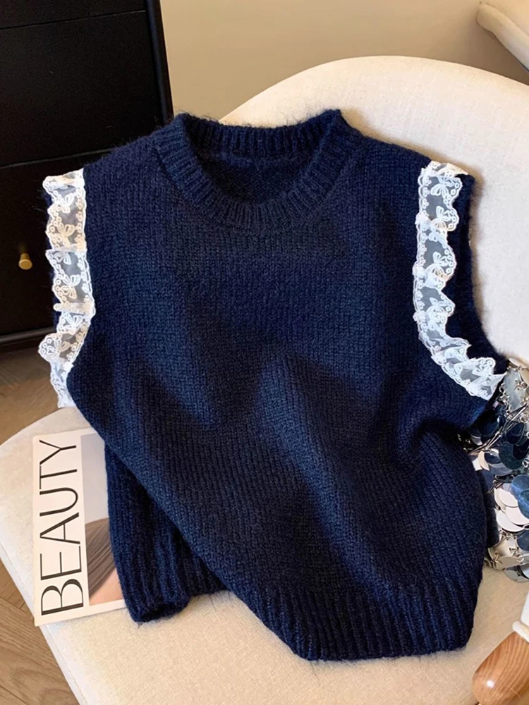 Zoki Lace Patchwork Sweet Sweater Vest Women Vintage O Neck Casual Knitted Tops Korean Preppy Style Lady Lazy Wing Cute Vest New