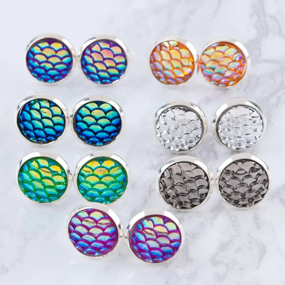 DoreenBeads Handmade Drusy Resin Beads Round Earrings Mermaid Fish Scale Pattern Fashion Trendy Woman 15x12mm 1Pair