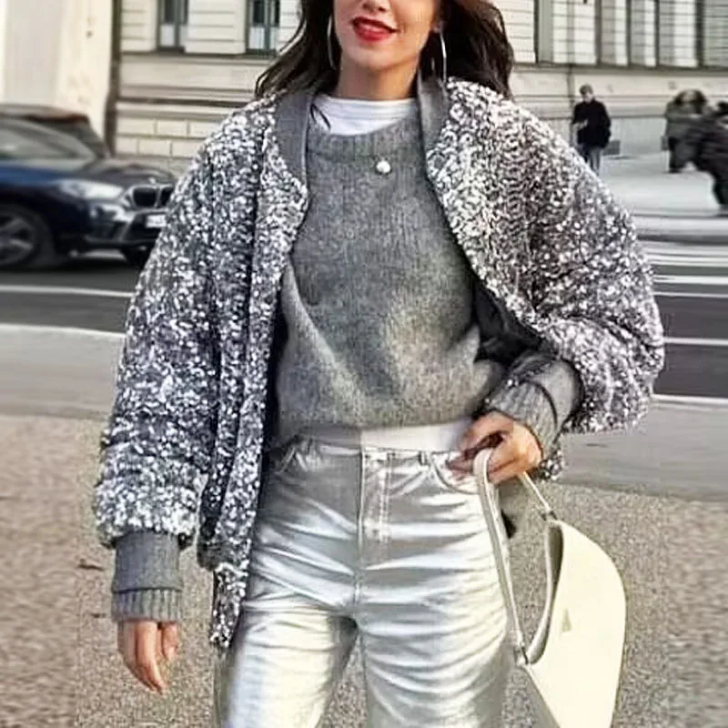 Oversize Silver Sequin Fleece Sparkling Glitter Bomber Jacket Women Casual Long Sleeve Autumn Winter Warm Coat Jackets Outwear