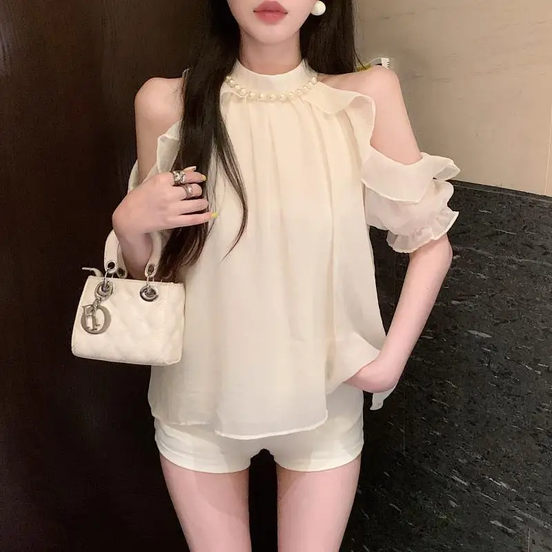 Summer New Commuter Casual Women\'s Clothing Fashion Ruffle Edge Simplicity Solid Color Round Neck Short Sleeve Pullover Shirt