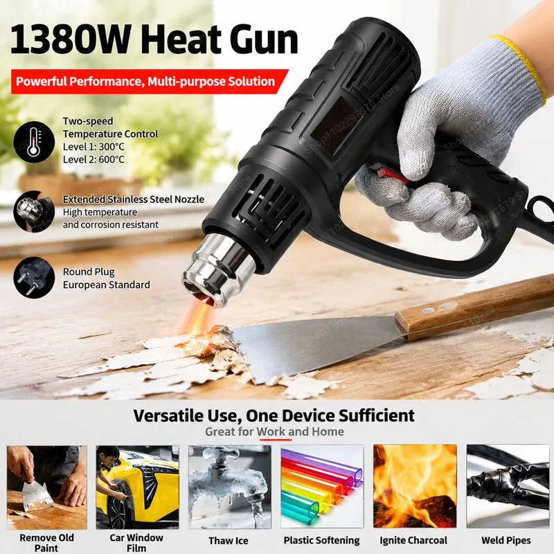 Handheld Portable Heat Gun With Two Adjustable Temperature Levels For Home DIY Paint Removal Plastic Shrink Wrap Craft Repair.