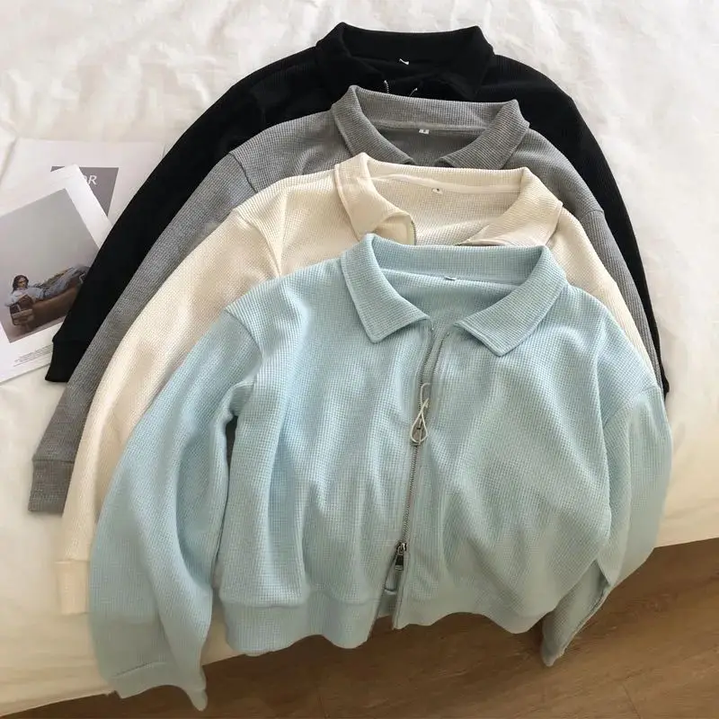 Zipper Hoodie Jacket  Collar Short Loose Female Student Spring Autumn New Style Harajuku Style Ins Trendy Polyester Fiber