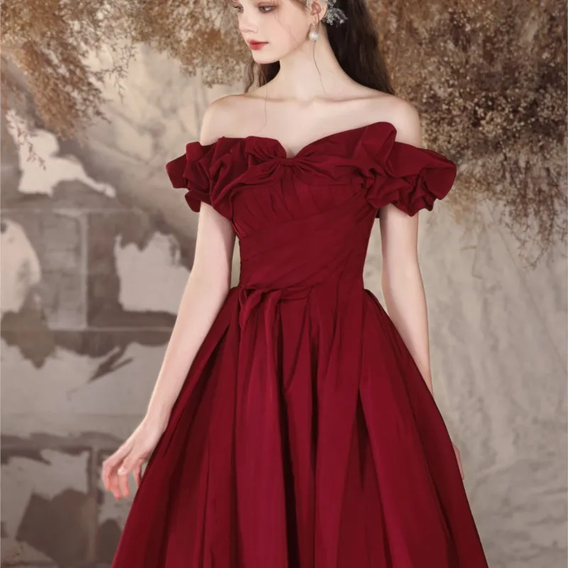 shoulder design sense toasting dress new wine red silk temperament