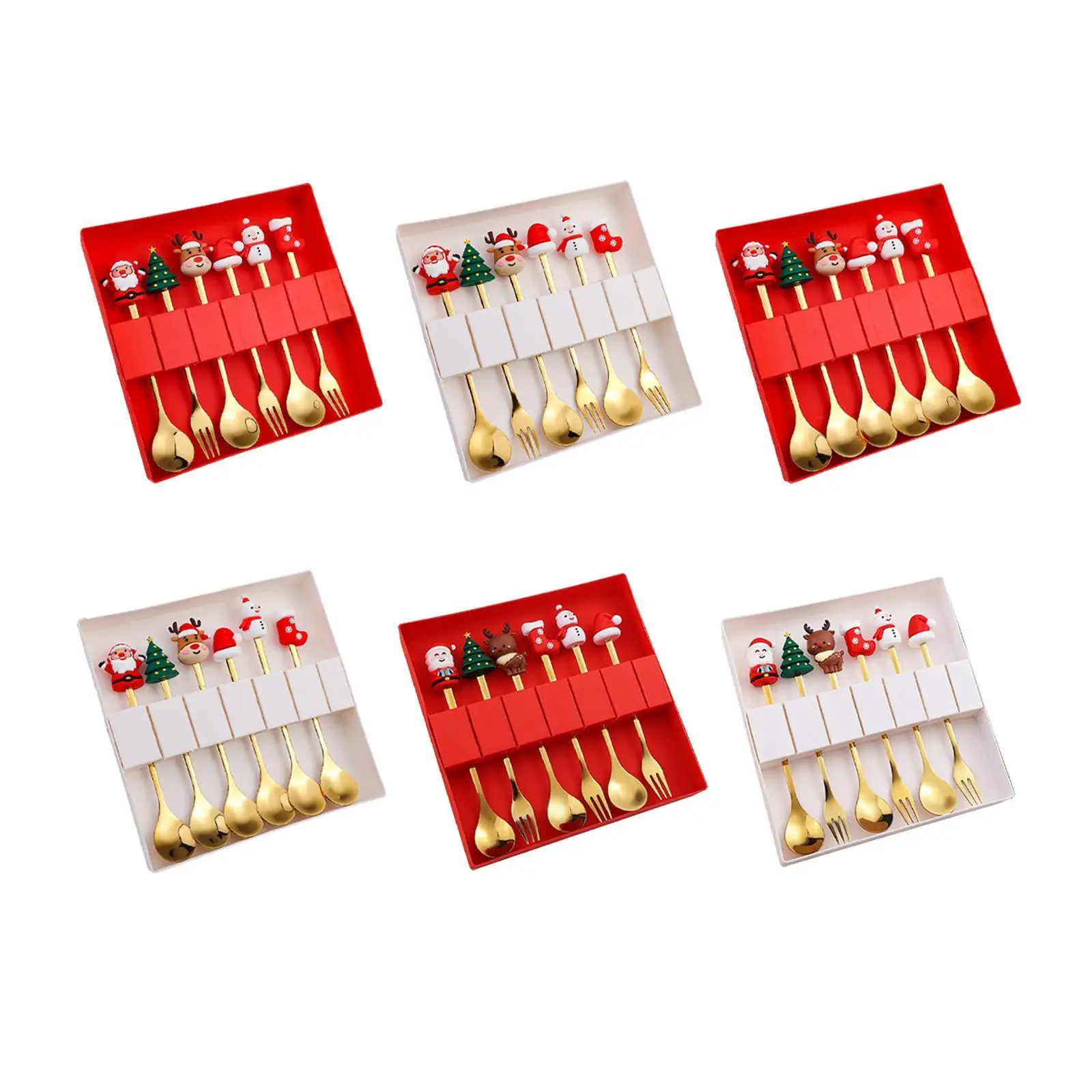 

6Pcs Christmas Cutlery Xmas Multipurpose Utensils with Gift Box Dessert Spoon for Tea Party Holiday Kitchen Ice Cream Present