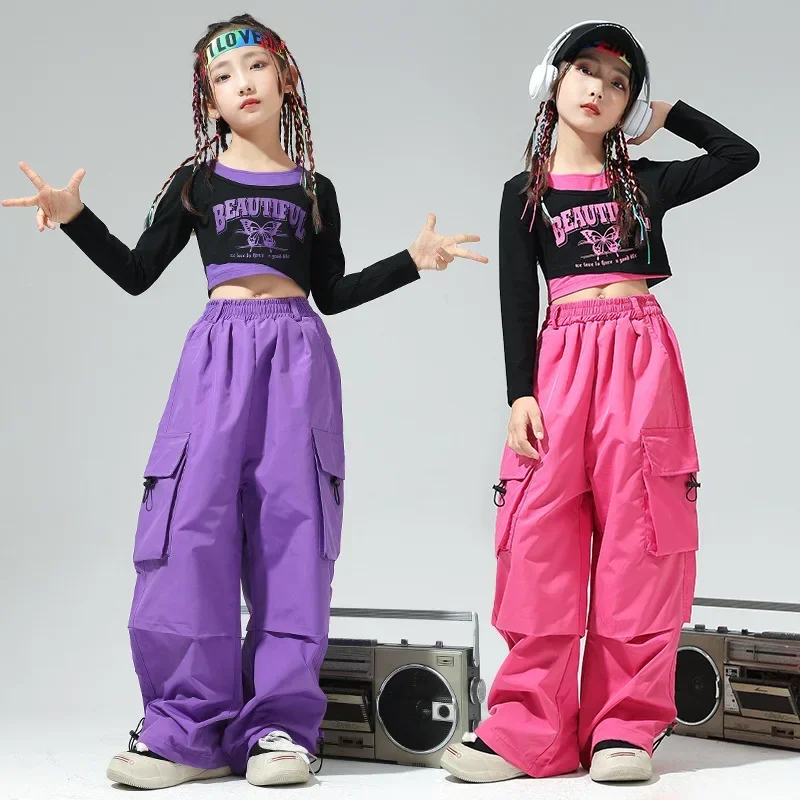 Children\'s Street Dance Fashion Suits Girl\'s Jazz Performance Hip-hop Clothes Color Matching Cool Wide Leg Pants Drop Shipping