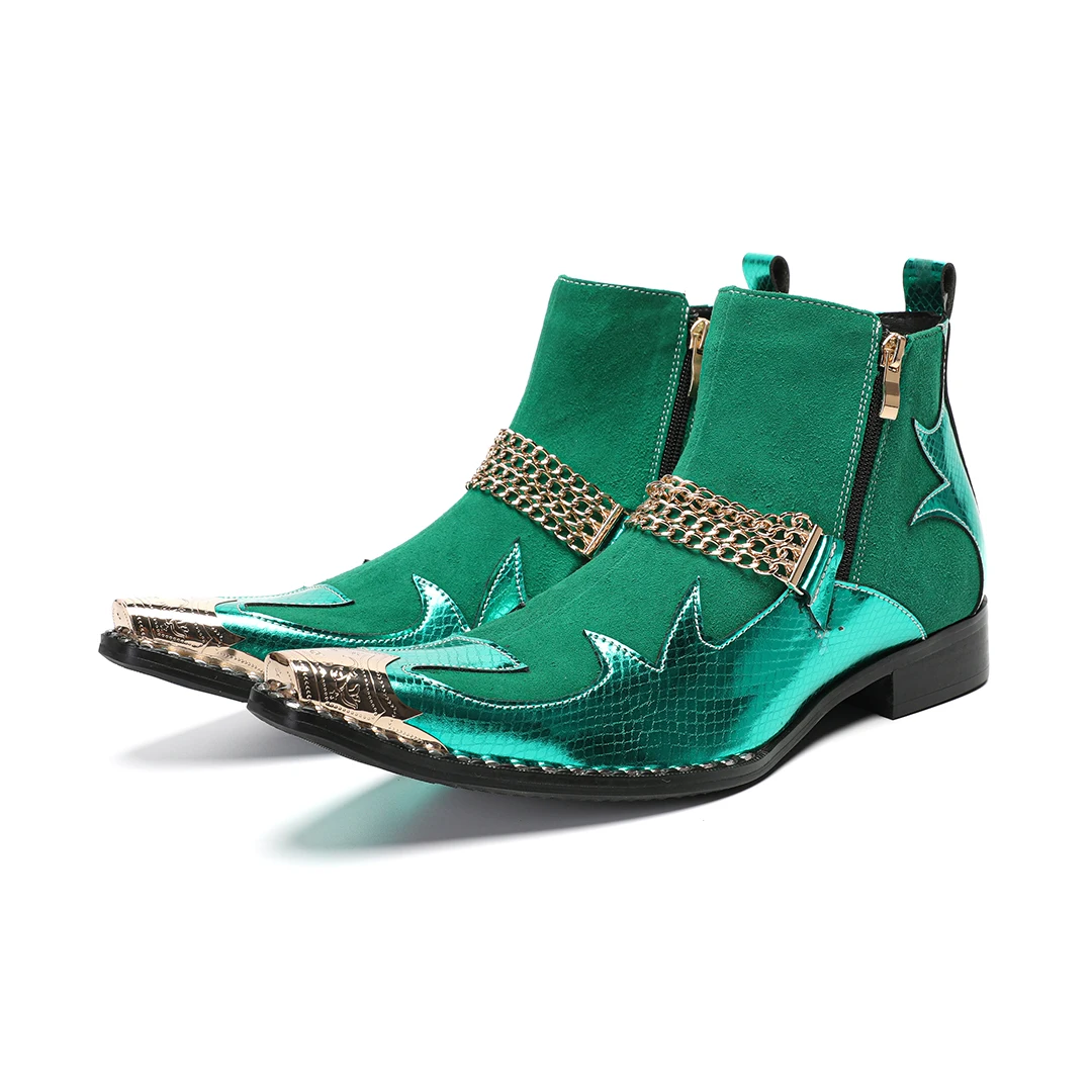 

Pointed Toe Thick Heel Men's Boots Fashion Design Green Genuine Leather Gold Iron Pointed Toe Party Wedding Dress Zipper Shoes