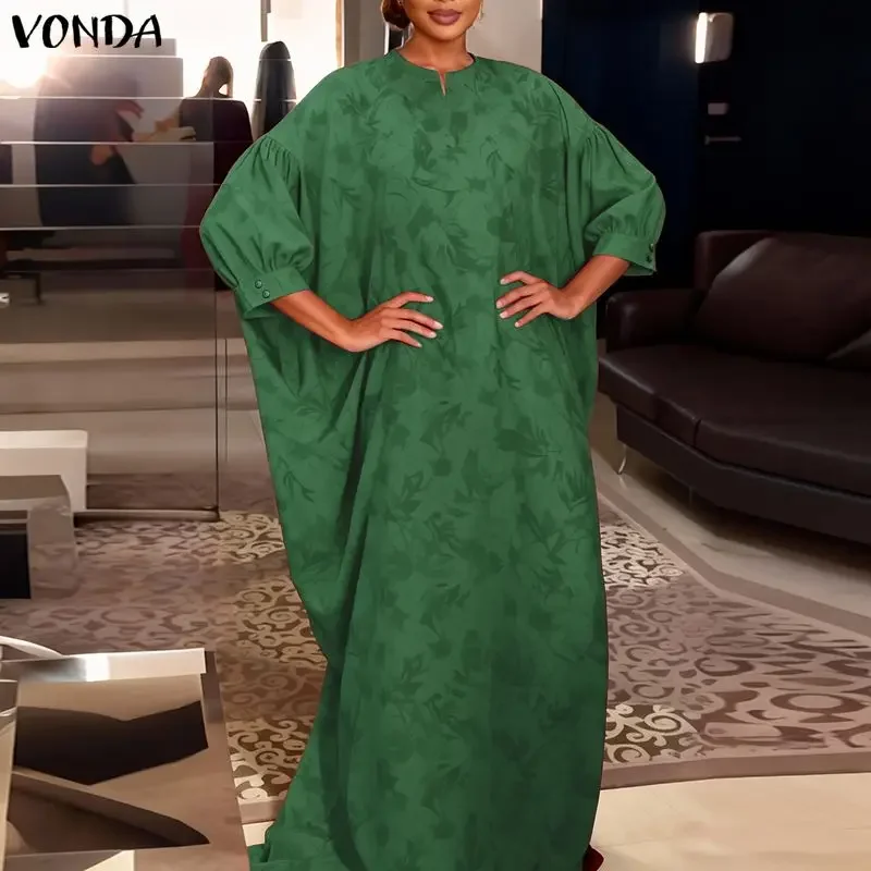 

VONDA Fashion Women Summer Dress 3/4 Sleeve Loose Print Long Maxi Dress Party OL Work Plus Size Dresses Streetwear Vestidos