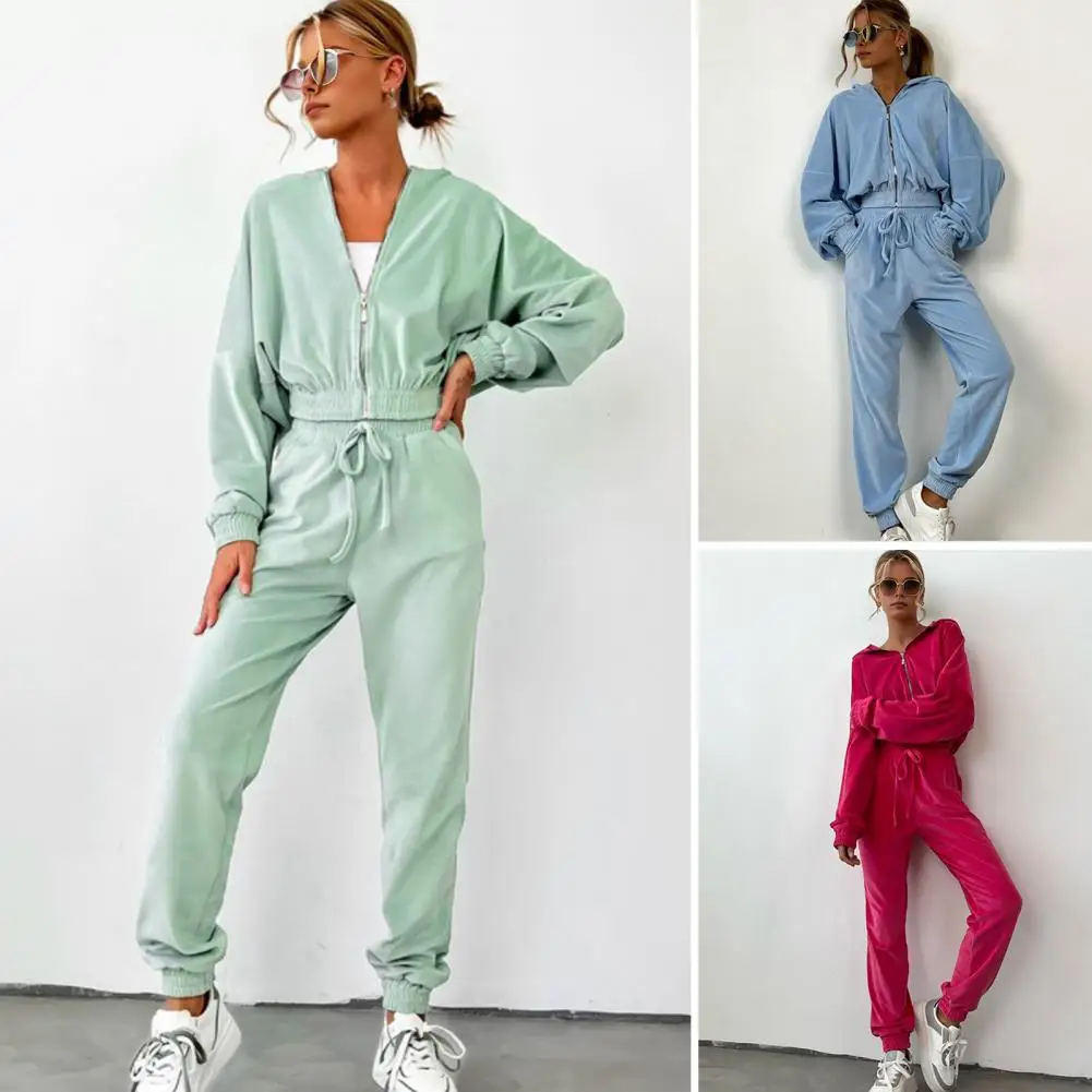 Women Short Design Hoodie Stylish Women's Hooded Tracksuit Set with Zip-up Coat Ankle-banded Pants for Winter Daily Wear Long