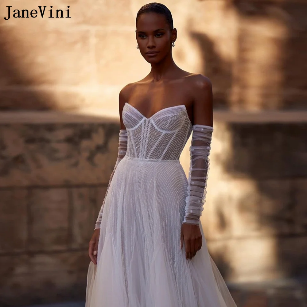 JaneVini guanti da sposa bianchi guanti trasparenti fantasia donna perle maniche da sposa maniche a braccio in Tulle pieghettato staccabili avorio nero