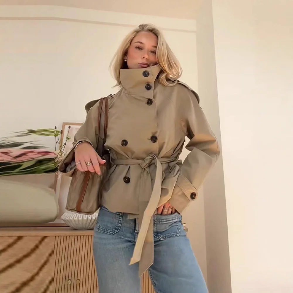 

Весенне-осенний женский плащ с воротником-стойкой, новинка 2023 года, двубортная куртка с поясом, ветровка с длинными рукавами High Street, пальто