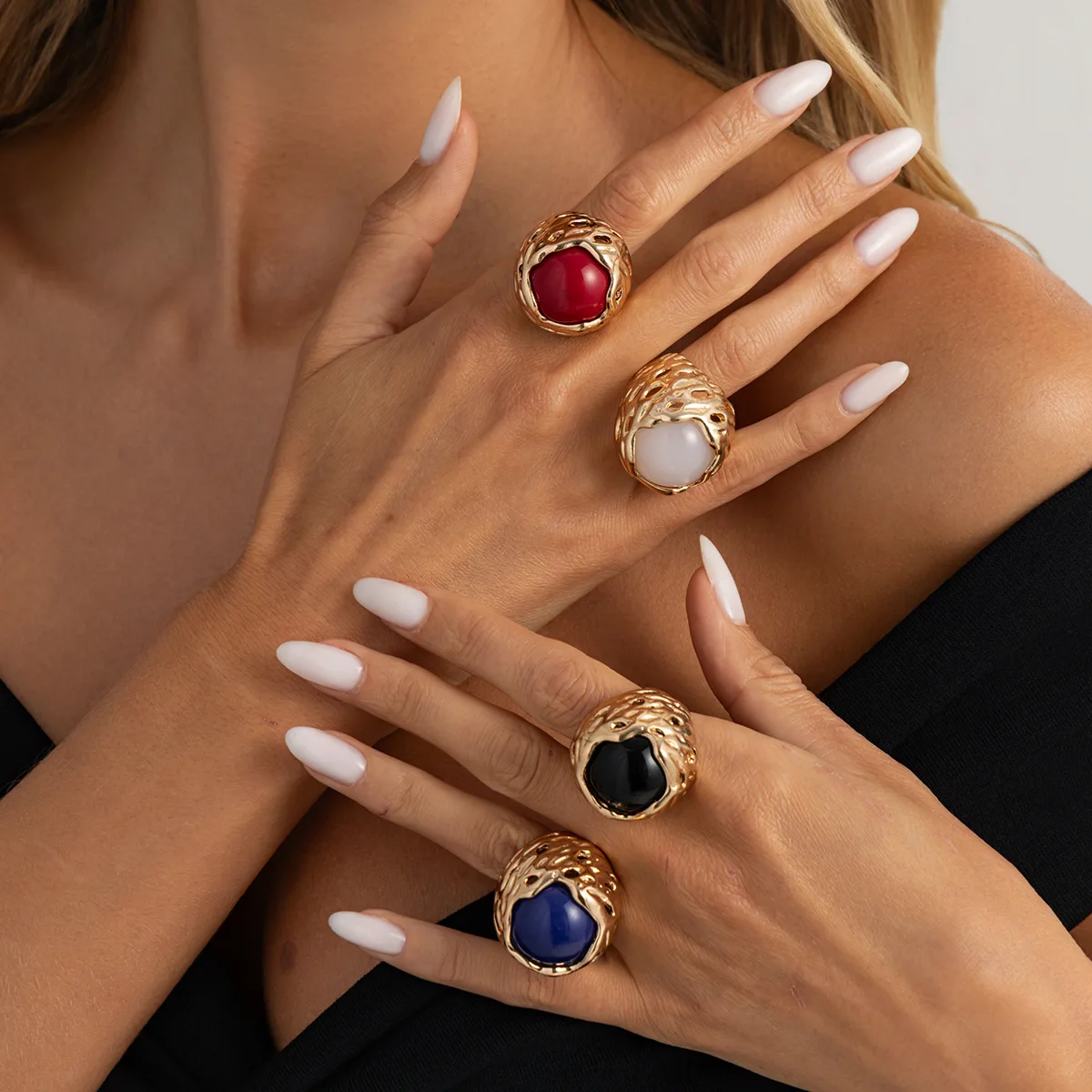 Exaggerated Irregular Textured Multicolor Metal Rings for Women Fashion Open Resin Ring Jewelry Beach Vacation Jewelry Gift