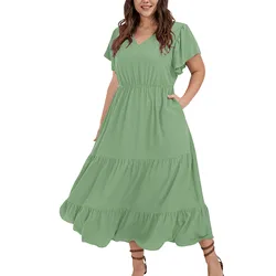 Plus Size Vintage Solid Color V-neck Ruffle Short Sleeve Large Hem Long Skirt For Women Summer Comfort Daily Date Beach Dress