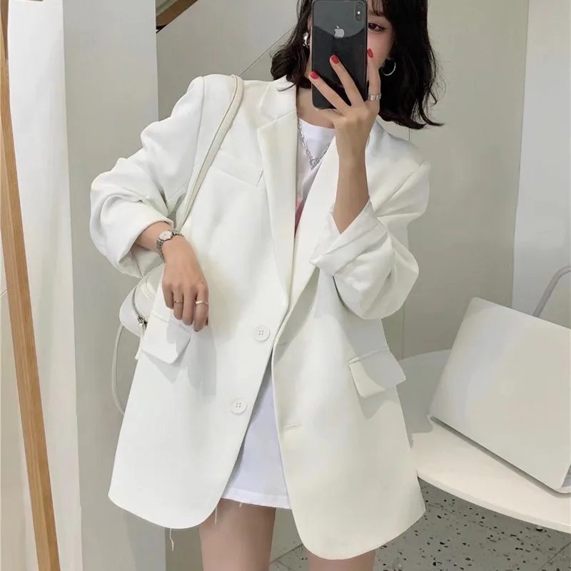 

White Long Sleeve Flap Pockets Two Buttons Loose Fit Casual Blazer Autumn Winter Solid Color Casual Lapel Suit Jacket Outerwear