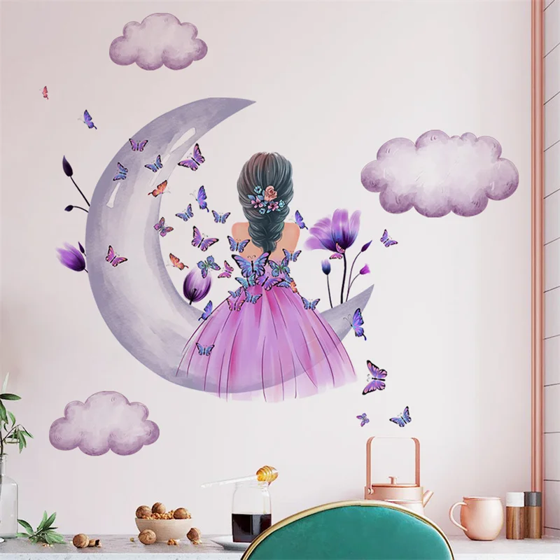 Purple Girl Butterfly Moon Clouds Flower Wall Stickers For Bedroom Living Room Teen Room Princess Room Wall Decals