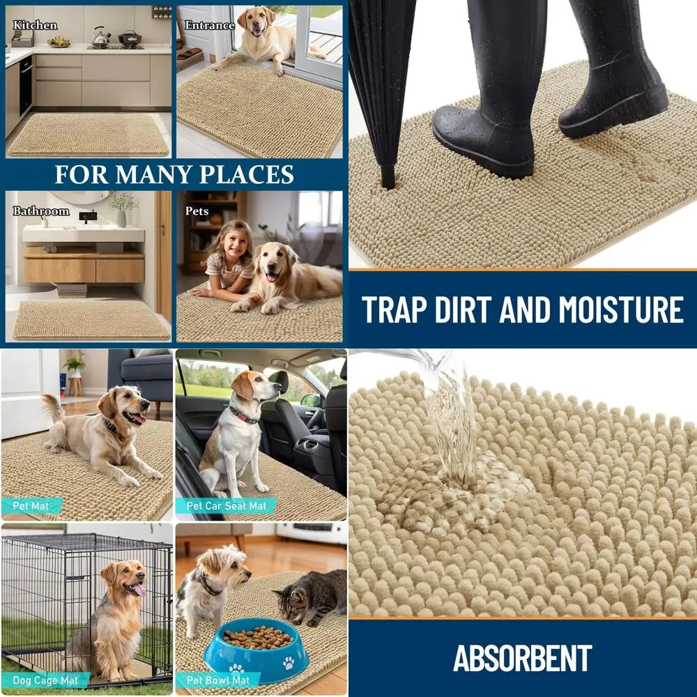 

44x32 Muddy Paws Solution: нескользящий, впитывающийся дверной коврик для собак, моющийся и быстросохнущий коврик из синели для прихожей в помещении, Beig