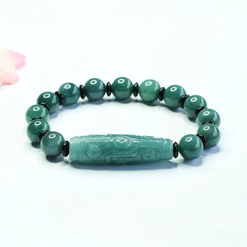 

Natural Emerald Blue Water Jade Nine Eyed Tianzhu Beads Bracelet Jadeite Hand Woven Vintage Carved Amulets Fashion Jewelry Gift