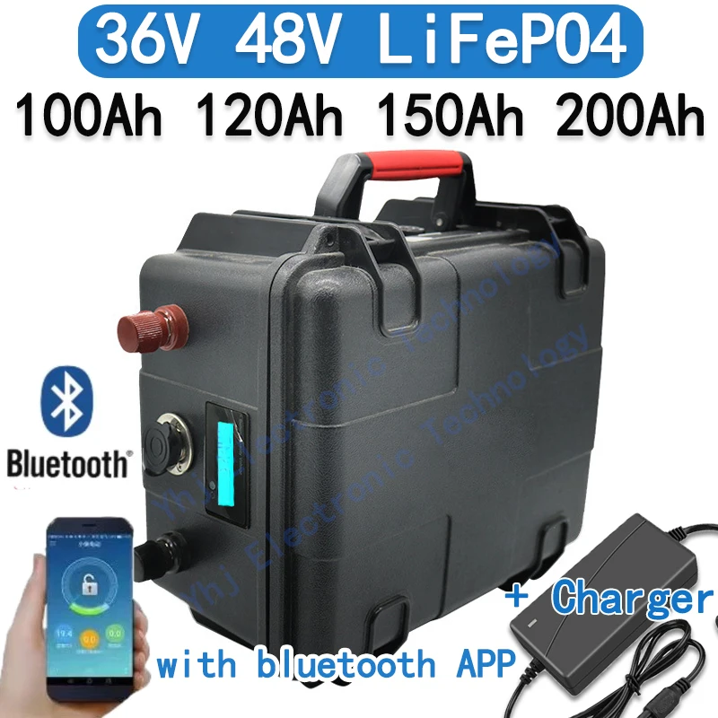 Batterie Lithium LiFePO4 Étanche, 36V, 100Ah, 200Ah, 48V, 150Ah, avec Bluetooth, pour Tricycle, Voiturette de Golf 5000W,