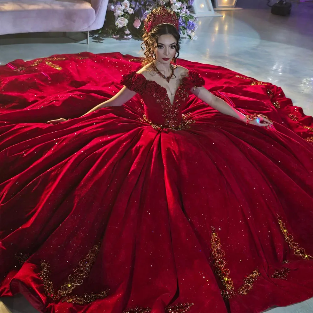 

Красное платье Quinceanera 2024, бальное платье с открытыми плечами, 3D цветочной аппликацией и кепкой Sweet 16, вечерние платья 15 De XV Años