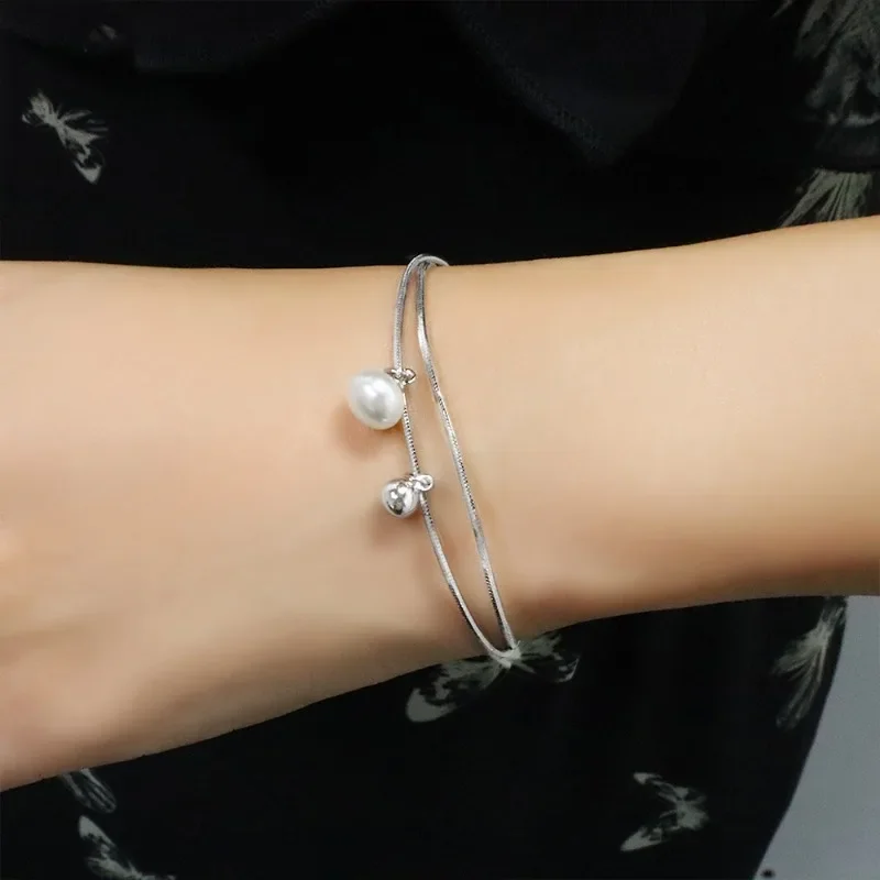 

PONYKISS стерлингового серебра 925 пробы, жемчуг, круглая бусина, браслет-цепочка из змеиной кости для женщин, ювелирные изделия, минималистичный модный аксессуар