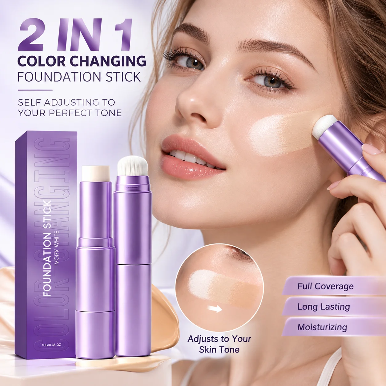 2 in 1 Dual Head Color Changing Foundation Stick Ivory White Natural Color Dark Full Coverage Self Adjusting Tone Lasting Makeup