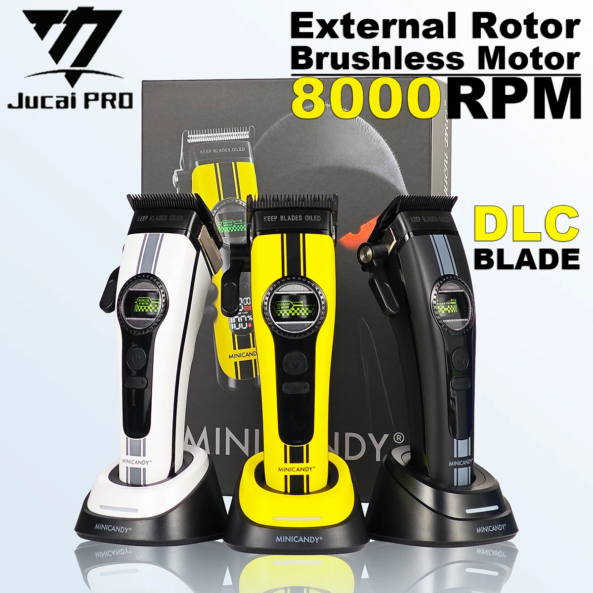 JUCAI F1 F2 Professional Hair Clipper External Rotor Brushless Motor 8000RPM Hair Trimmer DLC Blade with Base Cutting machine