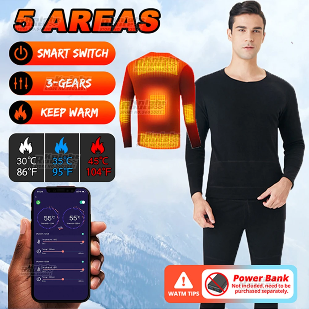 

5Areas APP Control DC Interface Heated Jacket Thermal Underwear Men Women Ski Suit Electric Heated Clothing Pants Shirt Winter