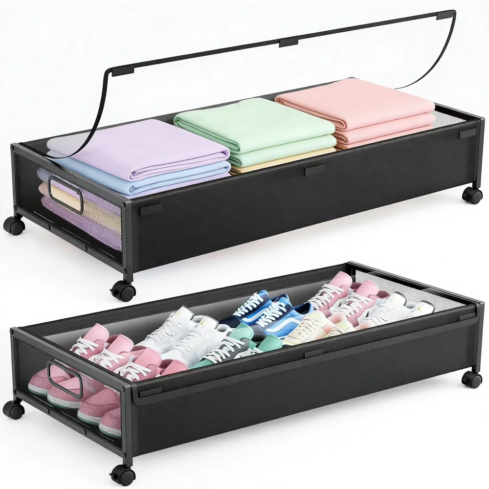 Under Bed Storage Storage Box With Wheels Clear Flip Lid Storage Containers Multifunctional Organizer Boxes For Clothes Shoes Bedroom Home Furniture Space Saving Household Organizer