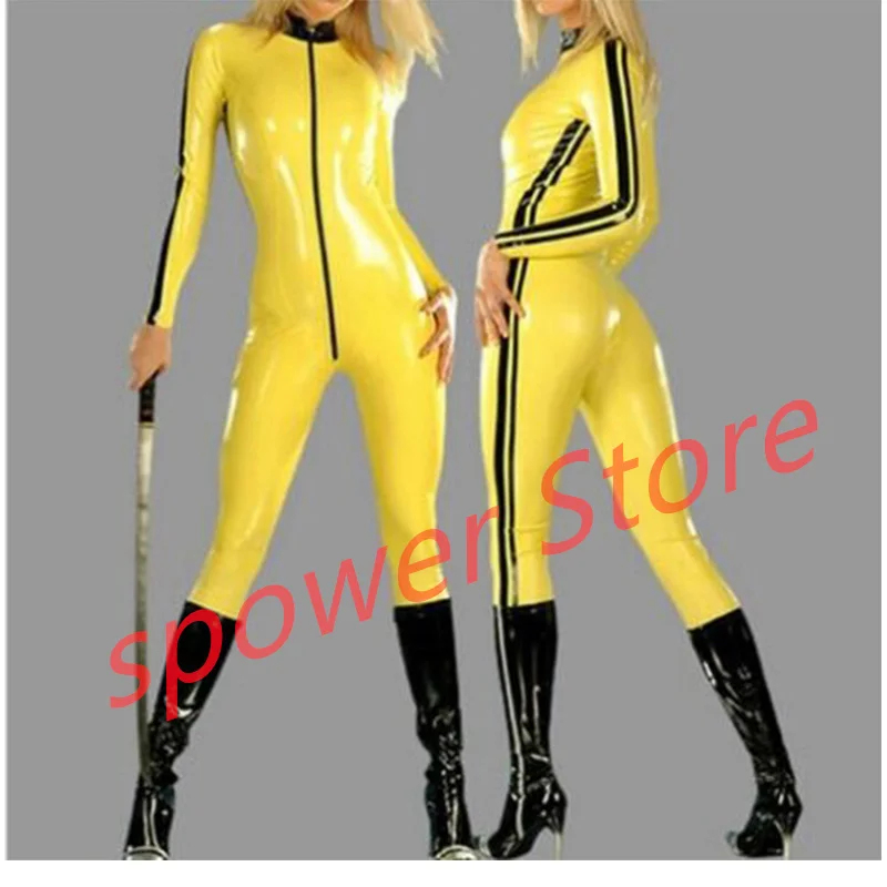 

Handmade Women Latex Catsuit with Front Zip Yellow with Black Trim Rubber Bodysuit Tight Jumpsuit Customize Cosplay Costumes