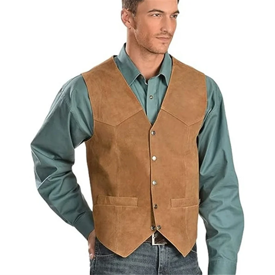 Cowboy Men Punk Vests Suede Sleeveless Jacket Casual Slim Fit Waistcoat Single Breasted Irregular Men's V-neck Bussiness Clothes
