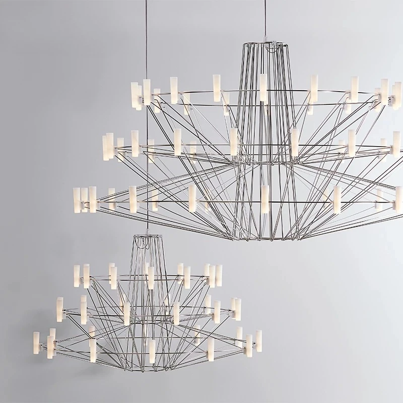 Artistic Wire Frame LED Chandelier Modern Multi Layer Geometric Pendant Light Silver Metal Hanging Lamp with White Tube Lights