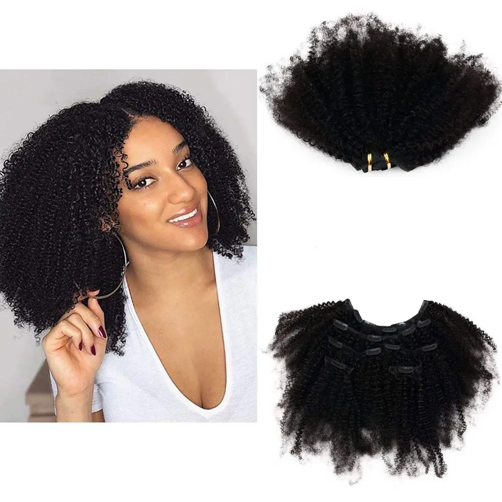 Extensions de Cheveux Humains Brésiliens Vierges Crépus et Bouclés pour Femme, 7 Pièces, Double Trame avec 16 Clips, 120 g