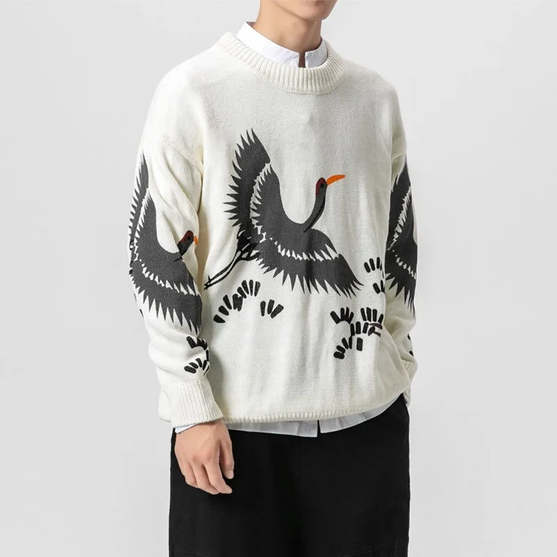 Crane Bird Y2K stampa maglioni Vintage per uomo bianco nero Hip Hop Fashion Pullover inverno autunno Streetwear Harajuku manica lunga