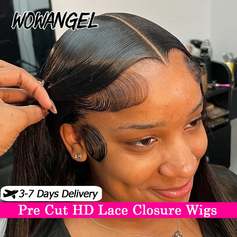 WOWANGEL Pre Cut 9x6 HD Lace Closure Wigs Straight Glueless Wigs Human Hair Skins Melted Ready To Go Deep Parting Brazilian Hair