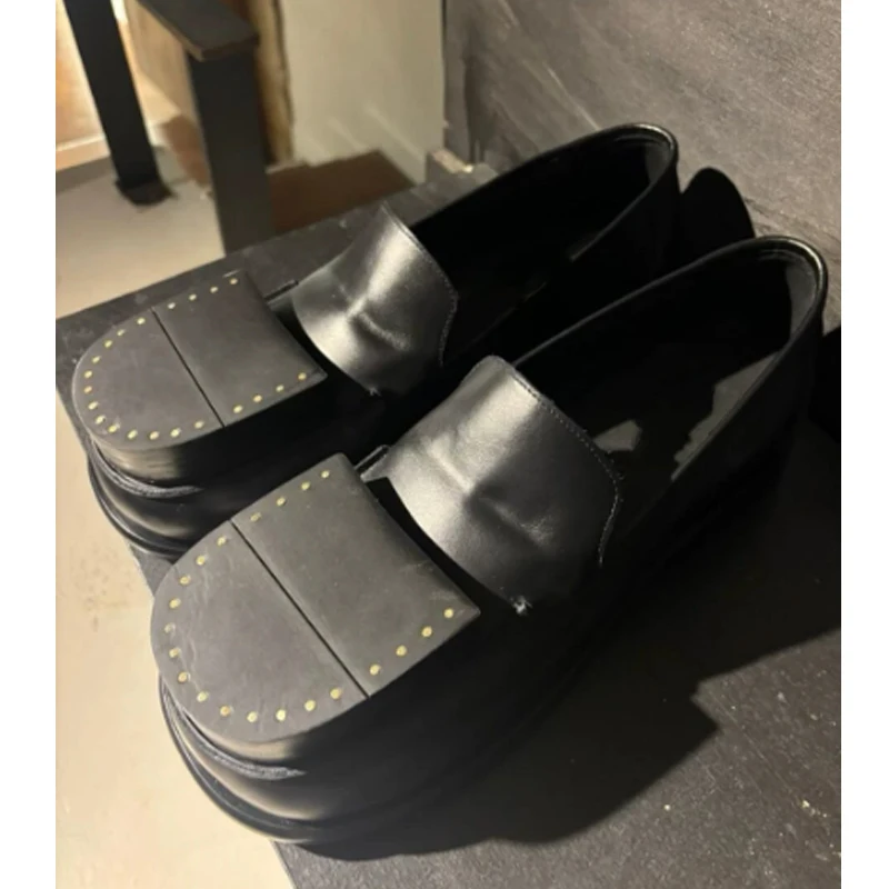 Men's Black Round Toe Loafers Slip On Thick Sole Leather Shoes Rivets Punk Derby Shoes Fashion Casual Dress Shoes for Men 2026