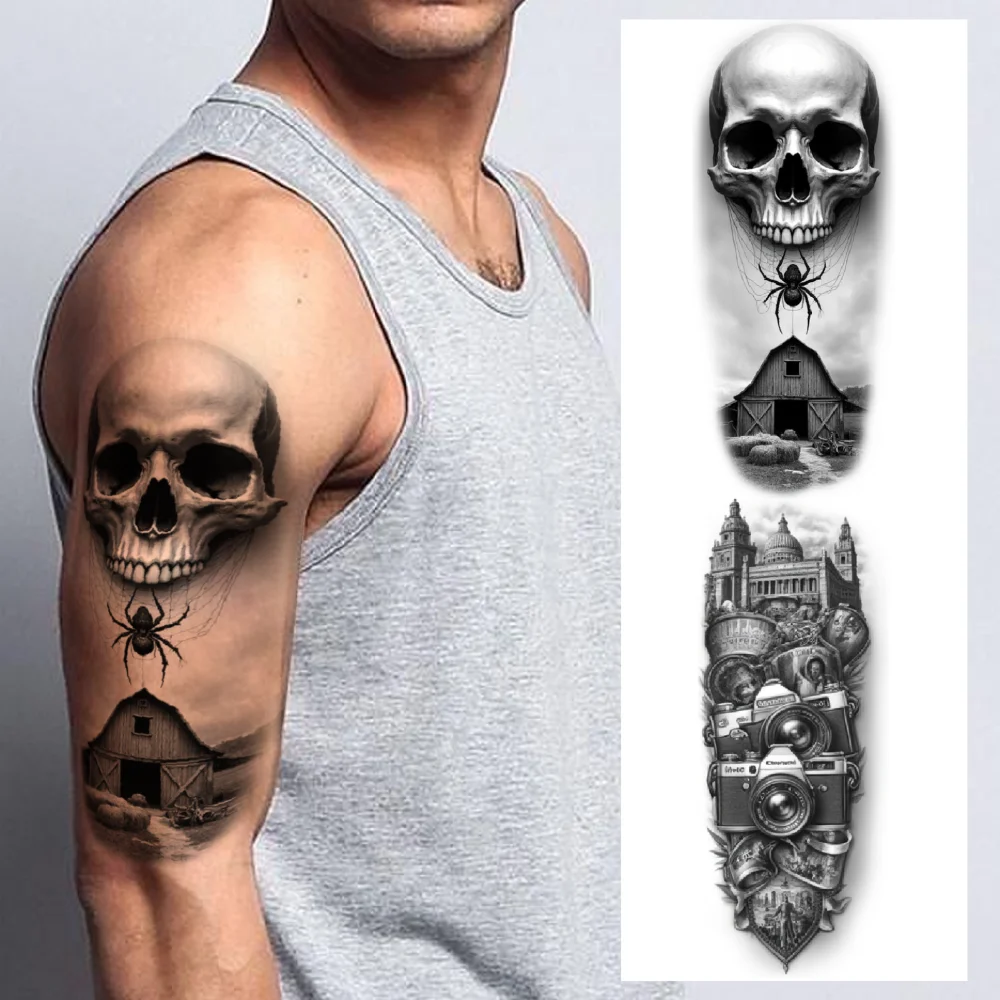 

3pcs Temporary Tattoo Skull With Horns Black And Grey Realism Haunted Forest Spider And Skull Realistic Temporary Tattoos For