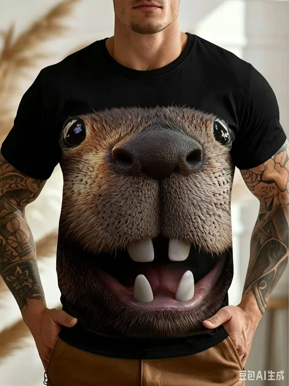 Retro Beaver Face Pattern 3D Printed Men and Women T-shirt Summer Fashionable Breathable Quick-drying Outdoor Sports Leisure Top