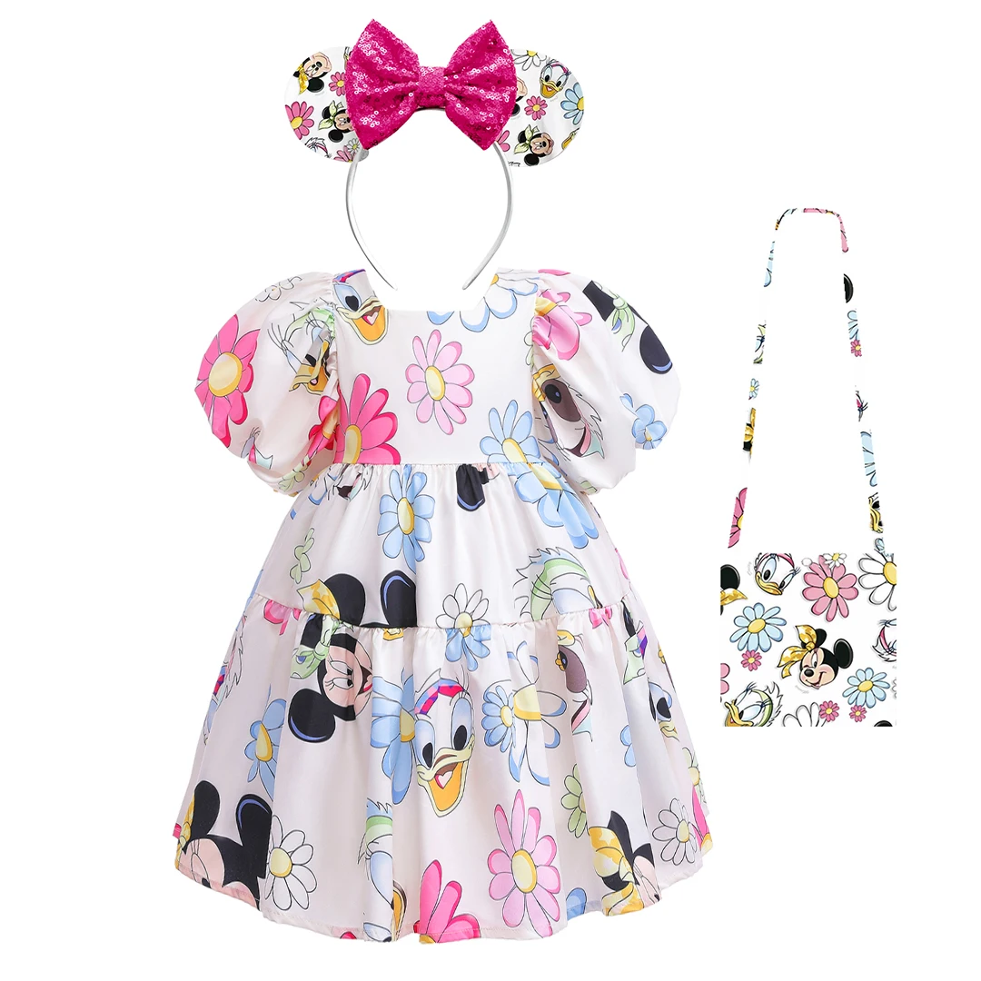 Disney Mickey Minnie Mouse Puff Sleeve Princess Dresses 2023 Summer Toddler Baby Girls Cartoon Dress Party Birthday Prom Dress