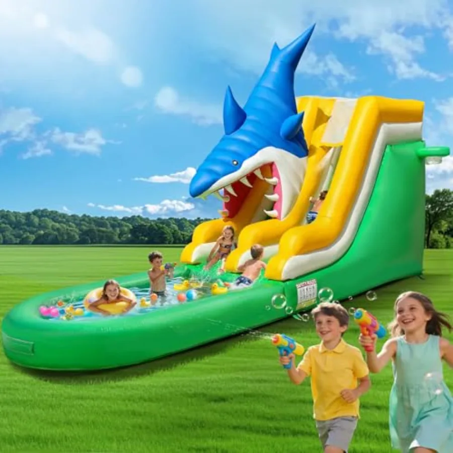 

26FT Inflatable Water Slide with 1M Wide Climbing Wall Basketball Set in Blue PVC for Backyard Water Park with Large Splash Poo