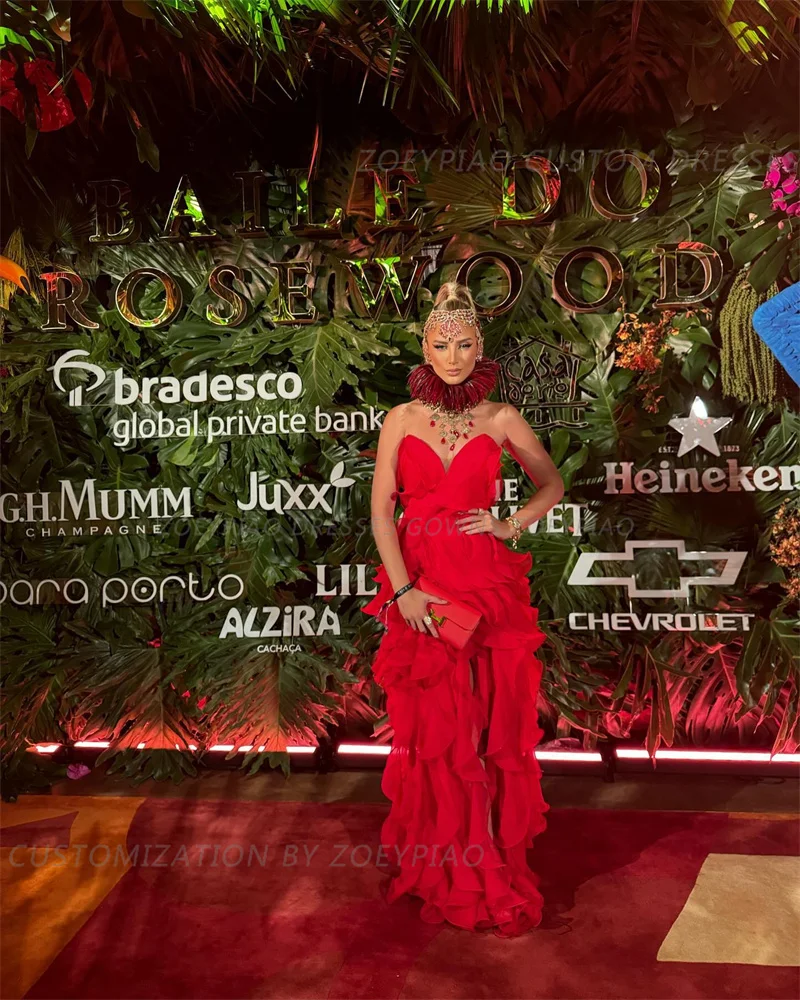 Vestido De gasa con abertura lateral para mujer, traje De Fiesta Formal con volantes, Color Rojo