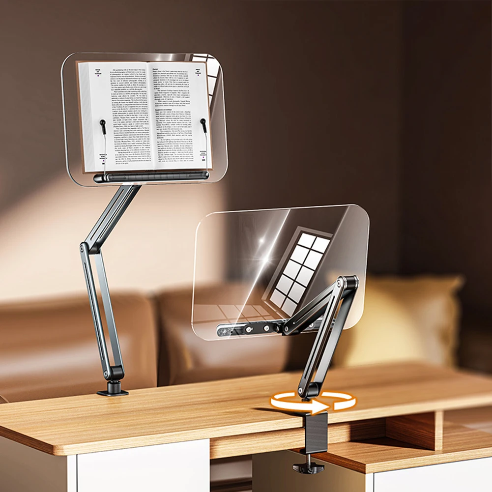 Acrylic Book Stand with Elastic Page Clips Desk Clamp Book Stand 360° Rotating Collapsible Desktop Riser Stand for Reading