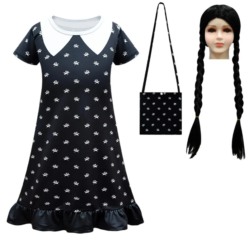 Disfraz de Cosplay de la familia Addams para niños, vestido con estampado Addams, peluca, trajes góticos Vintage para niñas, ropa de juego de rol de Halloween