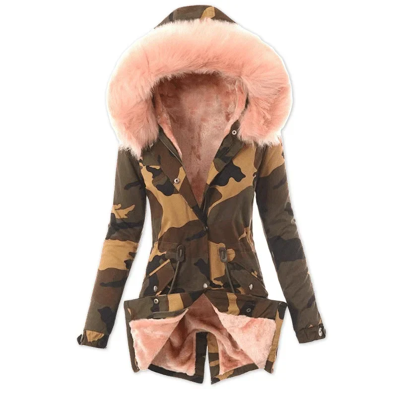 Autumn Winter New Women Cotton Clothes Fur Collar Drawstring Camouflage Jacket Warm Female Cotton-padded Clothes