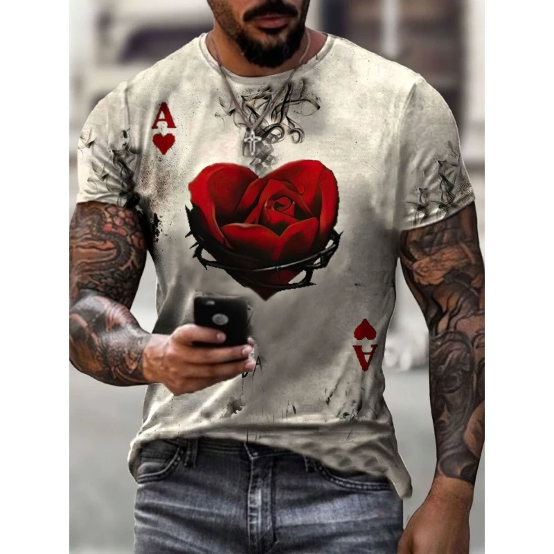 

New Arrival 3d Printing Men's T-Shirt, Rose Love Pattern Male Shirt, Summer Leisure And Breathable Sports Fitness Clothing Tees