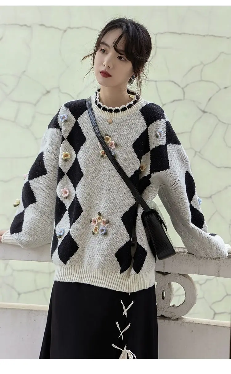 Sweater Black And White Diamond Checkerboard Women'S Autumn And Winter Thick Outer Wear Design Niche Bf Lazy Loose Pullover Top