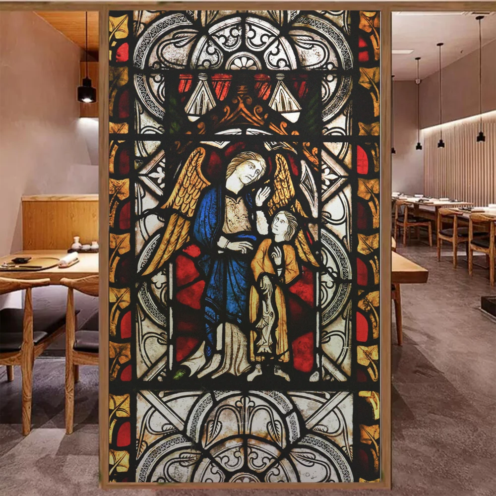 Privacy Window Film UV Blocking Heat Control Window Coverings Static Cling Church Painting Pattern Glass Sticker for Decoration