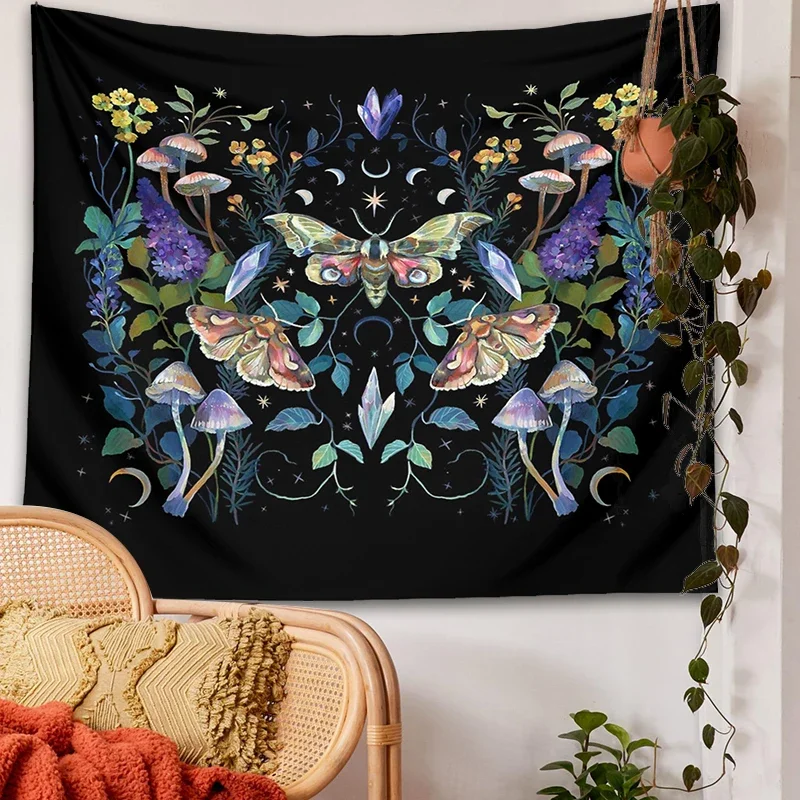 

Crystal Moth Mushroom Tapestry Wall Hanging Botanical Celestial Floral divination Wall Carpets Dorm Decor Starry Sky Carpet