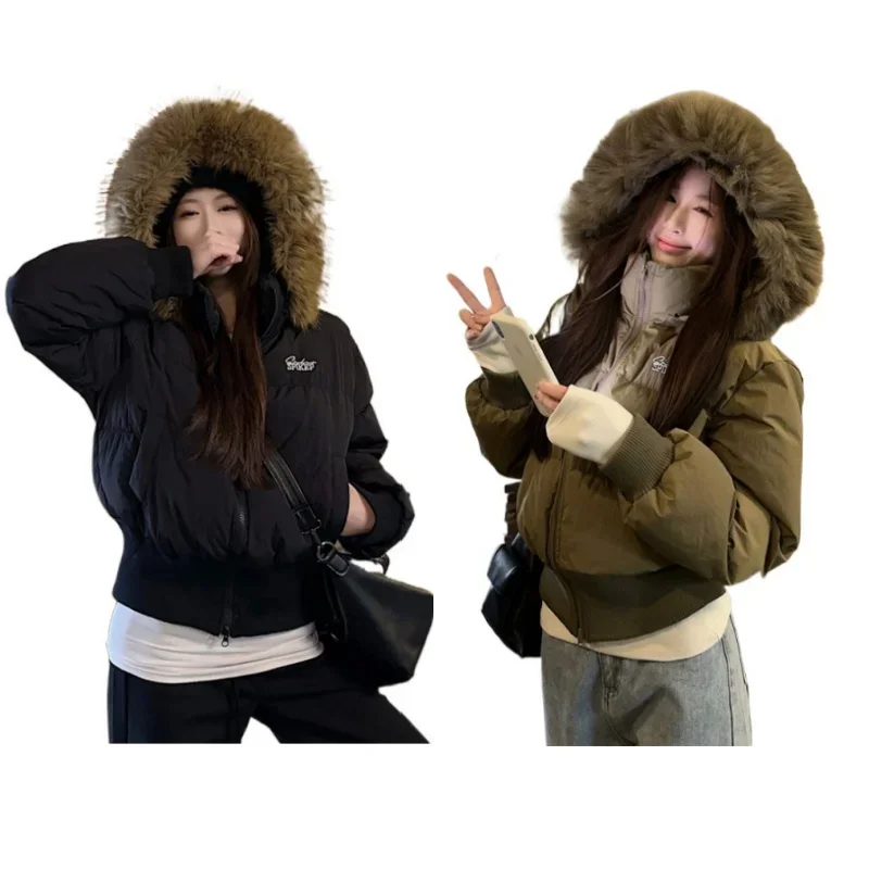 New Retro Hooded Large Hair Collar Down Jacket Short Section Ttight Corset Slim Top Winter Thickened Warm Casual Commuter Jacket