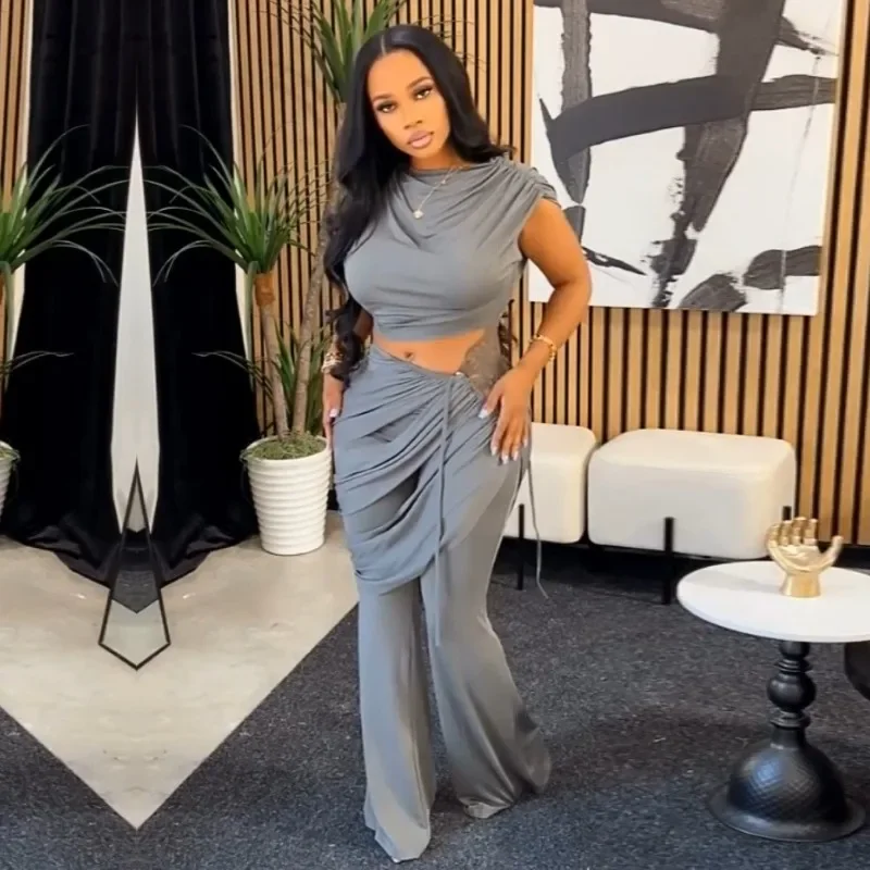 

GUWU Casual Active Sets for Women Sleeveless O-neck Ruched Top and Straight Pants Suits 2025 Fall Street Two Piece Set Outfit